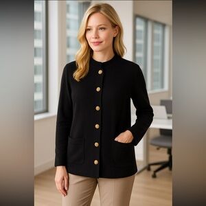 Halston Women’s XL Black Sweater Blazer Cardigan Gold Button Front Career Chic